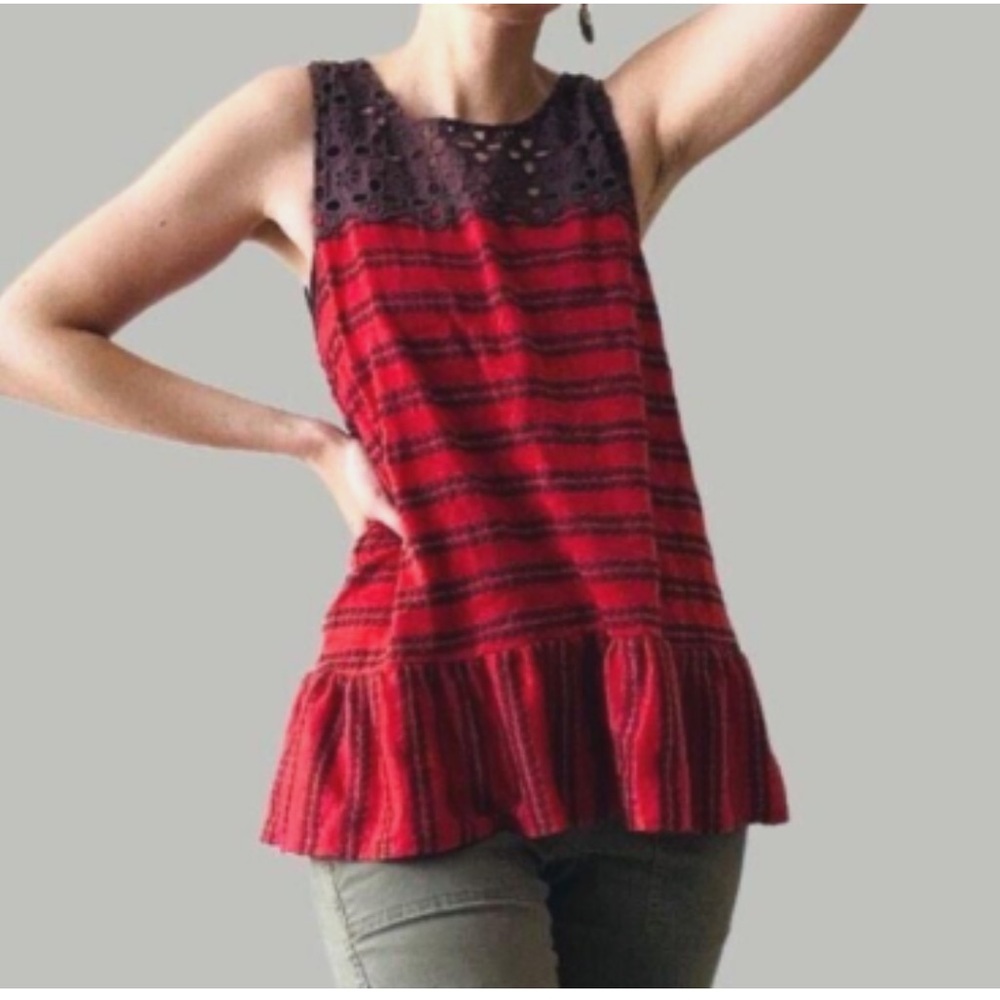 Free People • Molly's Retro Peplum Top-Rust Red &Brown Sz S NWOT ☀️✌️​​